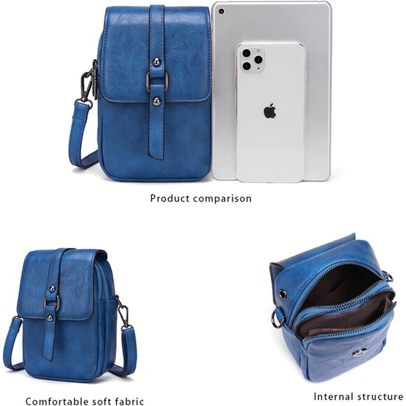 Women's Dark Blue Vintage Cross Body Phone Bag Small Messenger Shoulder Handbag - Picture 6 of 7